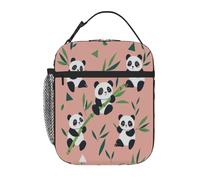 Chintiz Bamboo Panda Powder Insulated Kids Lunch Bag, Reusable Lunch Box with Front Pocket Side Mesh, Waterproof Leakproof Lunch Tote for School Travel Picnic Beach Work Boys Girls