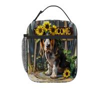 Chintiz Basset Hound Puppy Sunflowers Insulated Kids Lunch Bag, Reusable Lunch Box with Front Pocket Side Mesh, Waterproof Leakproof Lunch Tote for School Travel Picnic Beach Work Boys Girls