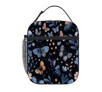 Chintiz Blue Butterflies Flowers Insulated Kids Lunch Bag, Reusable Lunch Box with Front Pocket Side Mesh, Waterproof Leakproof Lunch Tote for School Travel Picnic Beach Work Boys Girls