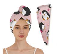 Chintiz Microfiber Hair Towel Wrap for Women - Cute Penguins Hearts Super Absorbent Fast Drying Head Hair Towels - Elastic Loop Design Anti-Frizz Soft Turbans for Wet Curly, Thick, Long Hair