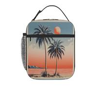 Chintiz Sunset Coconut Tree Landscape Insulated Kids Lunch Bag, Reusable Lunch Box with Front Pocket Side Mesh, Waterproof Leakproof Lunch Tote for School Travel Picnic Beach Work Boys Girls