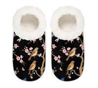 Chintiz Women's Soft Cozy Warm Ladies Slippers Socks for Women Men, Bird Cherry Blossom Fuzzy Plush Non-slip Closed Back House Shoes for Winter Bedroom Indoor Outdoor