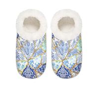 Chintiz Women's Soft Cozy Warm Ladies Slippers Socks for Women Men, Blue Ceramic Kintsugi Fuzzy Plush Non-slip Closed Back House Shoes for Winter Bedroom Indoor Outdoor