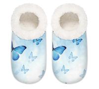 Chintiz Women's Soft Cozy Warm Ladies Slippers Socks for Women Men, Blue Ink Butterfly Fuzzy Plush Non-slip Closed Back House Shoes for Winter Bedroom Indoor Outdoor