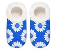 Chintiz Women's Soft Cozy Warm Ladies Slippers Socks for Women Men, Blue Polka Dot Daisy Fuzzy Plush Non-slip Closed Back House Shoes for Winter Bedroom Indoor Outdoor
