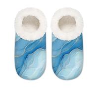 Chintiz Women's Soft Cozy Warm Ladies Slippers Socks for Women Men, Blue Watercolour Marble Fuzzy Plush Non-slip Closed Back House Shoes for Winter Bedroom Indoor Outdoor