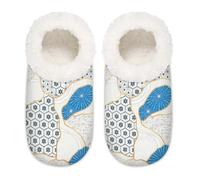 Chintiz Women's Soft Cozy Warm Ladies Slippers Socks for Women Men, Blue White Kintsugi Floral Fuzzy Plush Non-slip Closed Back House Shoes for Winter Bedroom Indoor Outdoor
