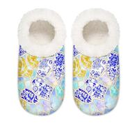 Chintiz Women's Soft Cozy Warm Ladies Slippers Socks for Women Men, Blue White Porcelain Kintsugi Fuzzy Plush Non-slip Closed Back House Shoes for Winter Bedroom Indoor Outdoor