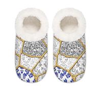 Chintiz Women's Soft Cozy Warm Ladies Slippers Socks for Women Men, Ceramic Kintsugi Fuzzy Plush Non-slip Closed Back House Shoes for Winter Bedroom Indoor Outdoor