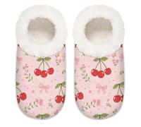 Chintiz Women's Soft Cozy Warm Ladies Slippers Socks for Women Men, Cherry Bow Fuzzy Plush Non-slip Closed Back House Shoes for Winter Bedroom Indoor Outdoor