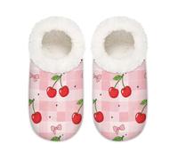 Chintiz Women's Soft Cozy Warm Ladies Slippers Socks for Women Men, Cherry Buffalo Check Fuzzy Plush Non-slip Closed Back House Shoes for Winter Bedroom Indoor Outdoor