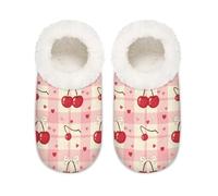 Chintiz Women's Soft Cozy Warm Ladies Slippers Socks for Women Men, Cherry Checkered Fuzzy Plush Non-slip Closed Back House Shoes for Winter Bedroom Indoor Outdoor