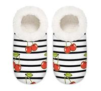Chintiz Women's Soft Cozy Warm Ladies Slippers Socks for Women Men, Cherry Stripes Fuzzy Plush Non-slip Closed Back House Shoes for Winter Bedroom Indoor Outdoor