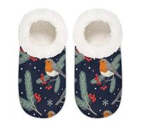 Chintiz Women's Soft Cozy Warm Ladies Slippers Socks for Women Men, Christmas Bird Holly Fuzzy Plush Non-slip Closed Back House Shoes for Winter Bedroom Indoor Outdoor