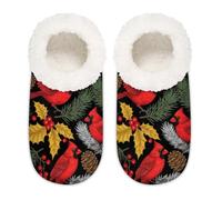 Chintiz Women's Soft Cozy Warm Ladies Slippers Socks for Women Men, Christmas Cardinal Holly Fuzzy Plush Non-slip Closed Back House Shoes for Winter Bedroom Indoor Outdoor