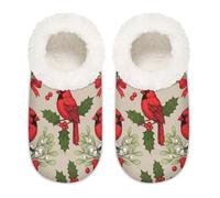 Chintiz Women's Soft Cozy Warm Ladies Slippers Socks for Women Men, Christmas Cardinal Holly Fuzzy Plush Non-slip Closed Back House Shoes for Winter Bedroom Indoor Outdoor