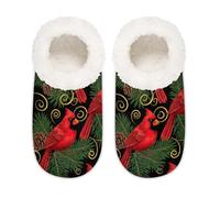 Chintiz Women's Soft Cozy Warm Ladies Slippers Socks for Women Men, Christmas Holly Cardinals Fuzzy Plush Non-slip Closed Back House Shoes for Winter Bedroom Indoor Outdoor