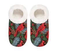 Chintiz Women's Soft Cozy Warm Ladies Slippers Socks for Women Men, Christmas Holly Cardinals Fuzzy Plush Non-slip Closed Back House Shoes for Winter Bedroom Indoor Outdoor