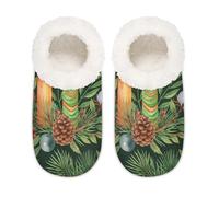 Chintiz Women's Soft Cozy Warm Ladies Slippers Socks for Women Men, Christmas Holly Pinecones Fuzzy Plush Non-slip Closed Back House Shoes for Winter Bedroom Indoor Outdoor