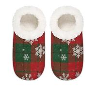 Chintiz Women's Soft Cozy Warm Ladies Slippers Socks for Women Men, Christmas Snowflake Plaid Fuzzy Plush Non-slip Closed Back House Shoes for Winter Bedroom Indoor Outdoor
