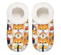 Chintiz Women's Soft Cozy Warm Ladies Slippers Socks for Women Men, Cute Shiba Inu Sushi Fuzzy Plush Non-slip Closed Back House Shoes for Winter Bedroom Indoor Outdoor