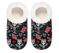 Chintiz Women's Soft Cozy Warm Ladies Slippers Socks for Women Men, Day Of The Dead Cat Skeletons Fuzzy Plush Non-slip Closed Back House Shoes for Winter Bedroom Indoor Outdoor