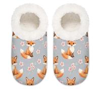 Chintiz Women's Soft Cozy Warm Ladies Slippers Socks for Women Men, Fox Cherry Blossoms Fuzzy Plush Non-slip Closed Back House Shoes for Winter Bedroom Indoor Outdoor