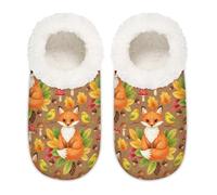 Chintiz Women's Soft Cozy Warm Ladies Slippers Socks for Women Men, Fox Falling Leaves Fuzzy Plush Non-slip Closed Back House Shoes for Winter Bedroom Indoor Outdoor