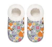 Chintiz Women's Soft Cozy Warm Ladies Slippers Socks for Women Men, Fox Flowers Fuzzy Plush Non-slip Closed Back House Shoes for Winter Bedroom Indoor Outdoor