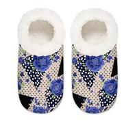 Chintiz Women's Soft Cozy Warm Ladies Slippers Socks for Women Men, Geometric Polka Dot Blue Rose Fuzzy Plush Non-slip Closed Back House Shoes for Winter Bedroom Indoor Outdoor