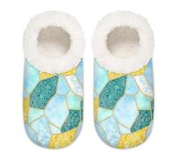 Chintiz Women's Soft Cozy Warm Ladies Slippers Socks for Women Men, Golden Blue Kintsugi Fuzzy Plush Non-slip Closed Back House Shoes for Winter Bedroom Indoor Outdoor