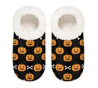 Chintiz Women's Soft Cozy Warm Ladies Slippers Socks for Women Men, Halloween Pumpkin Bones Fuzzy Plush Non-slip Closed Back House Shoes for Winter Bedroom Indoor Outdoor