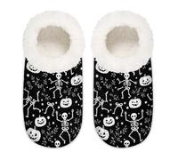 Chintiz Women's Soft Cozy Warm Ladies Slippers Socks for Women Men, Halloween Pumpkin Skeleton Fuzzy Plush Non-slip Closed Back House Shoes for Winter Bedroom Indoor Outdoor