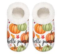 Chintiz Women's Soft Cozy Warm Ladies Slippers Socks for Women Men, Hello Pumpkin Fuzzy Plush Non-slip Closed Back House Shoes for Winter Bedroom Indoor Outdoor