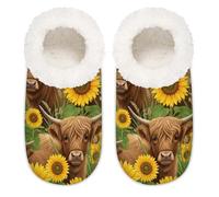 Chintiz Women's Soft Cozy Warm Ladies Slippers Socks for Women Men, Highland Cow Sunflower Fuzzy Plush Non-slip Closed Back House Shoes for Winter Bedroom Indoor Outdoor