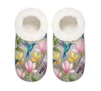 Chintiz Women's Soft Cozy Warm Ladies Slippers Socks for Women Men, Hummingbird Spring Flowers Fuzzy Plush Non-slip Closed Back House Shoes for Winter Bedroom Indoor Outdoor