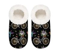Chintiz Women's Soft Cozy Warm Ladies Slippers Socks for Women Men, Hummingbirds Bicycles Flower Fuzzy Plush Non-slip Closed Back House Shoes for Winter Bedroom Indoor Outdoor