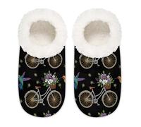 Chintiz Women's Soft Cozy Warm Ladies Slippers Socks for Women Men, Hummingbirds Bicycles Flower Fuzzy Plush Non-slip Closed Back House Shoes for Winter Bedroom Indoor Outdoor