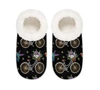 Chintiz Women's Soft Cozy Warm Ladies Slippers Socks for Women Men, Hummingbirds Bicycles Flower Fuzzy Plush Non-slip Closed Back House Shoes for Winter Bedroom Indoor Outdoor