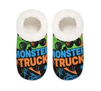 Chintiz Women's Soft Cozy Warm Ladies Slippers Socks for Women Men, Monster Car Truck Fuzzy Plush Non-slip Closed Back House Shoes for Bedroom Winter Indoor Outdoor