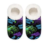 Chintiz Women's Soft Cozy Warm Ladies Slippers Socks for Women Men, Monster Car Trucks Fuzzy Plush Non-slip Closed Back House Shoes for Bedroom Winter Indoor Outdoor
