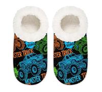 Chintiz Women's Soft Cozy Warm Ladies Slippers Socks for Women Men, Neon Monster Car Truck Fuzzy Plush Non-slip Closed Back House Shoes for Bedroom Winter Indoor Outdoor