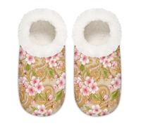 Chintiz Women's Soft Cozy Warm Ladies Slippers Socks for Women Men, Paisley Cherry Blossom Fuzzy Plush Non-slip Closed Back House Shoes for Winter Bedroom Indoor Outdoor