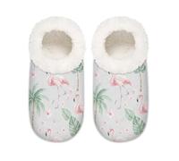 Chintiz Women's Soft Cozy Warm Ladies Slippers Socks for Women Men, Palm Leaf Flamingo Fuzzy Plush Non-slip Closed Back House Shoes for Bedroom Winter Indoor Outdoor