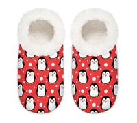 Chintiz Women's Soft Cozy Warm Ladies Slippers Socks for Women Men, Penguin Red White Polka Dots Fuzzy Plush Non-slip Closed Back House Shoes for Winter Bedroom Indoor Outdoor