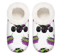 Chintiz Women's Soft Cozy Warm Ladies Slippers Socks for Women Men, Purple Monster Car Truck Fuzzy Plush Non-slip Closed Back House Shoes for Bedroom Winter Indoor Outdoor
