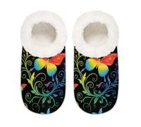 Chintiz Women's Soft Cozy Warm Ladies Slippers Socks for Women Men, Rainbow Butterfly Fuzzy Plush Non-slip Closed Back House Shoes for Bedroom Winter Indoor Outdoor