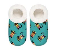 Chintiz Women's Soft Cozy Warm Ladies Slippers Socks for Women Men, Rainbow Striped Cats Fuzzy Plush Non-slip Closed Back House Shoes for Winter Bedroom Indoor Outdoor