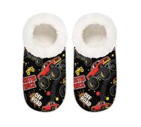 Chintiz Women's Soft Cozy Warm Ladies Slippers Socks for Women Men, Red Monster Car Truck Fuzzy Plush Non-slip Closed Back House Shoes for Bedroom Winter Indoor Outdoor