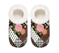 Chintiz Women's Soft Cozy Warm Ladies Slippers Socks for Women Men, Rose Daisy Geometric Fuzzy Plush Non-slip Closed Back House Shoes for Winter Bedroom Indoor Outdoor